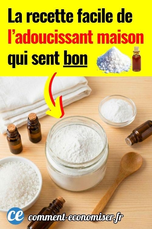Du gros sel, du bicarbonate et des huiles essentielles sur une surface en bois pour faire un adoucissant maison