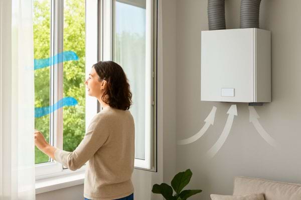 Une femme aerant une fenetre avec systeme de ventilation actif.