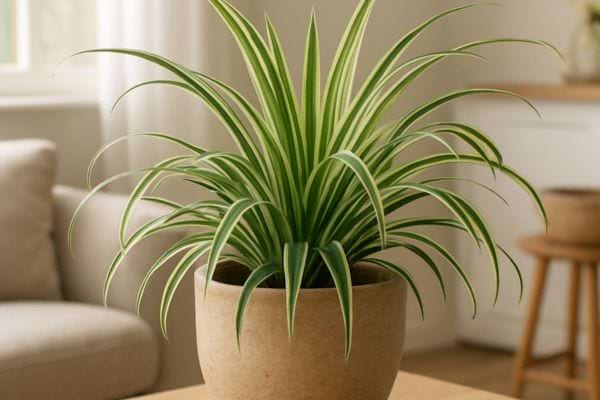 plante verte volumineuse en pot beige installee dans un salon cosy avec canape et mobilier clair
