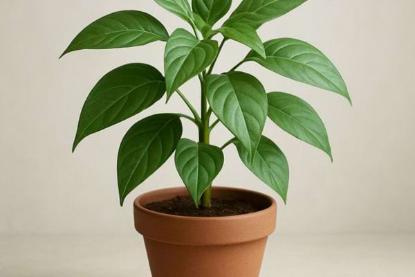 jeune plante verte avec feuilles larges et brillantes dans un pot simple sur fond clair minimaliste