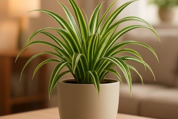 plante araignee aux feuilles longues et panachees dans un pot blanc place dans un salon lumineux