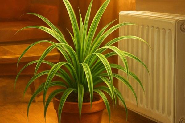 plante verte en pot placee pres dun radiateur et dun escalier dans une piece chaleureuse