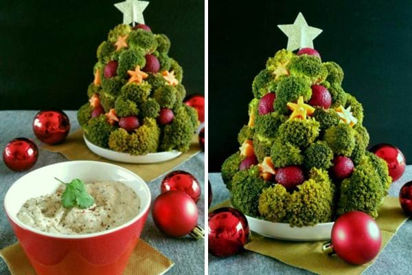 sapin de Noël en légumes avec des sauces pour un apéro végétarien à Noël