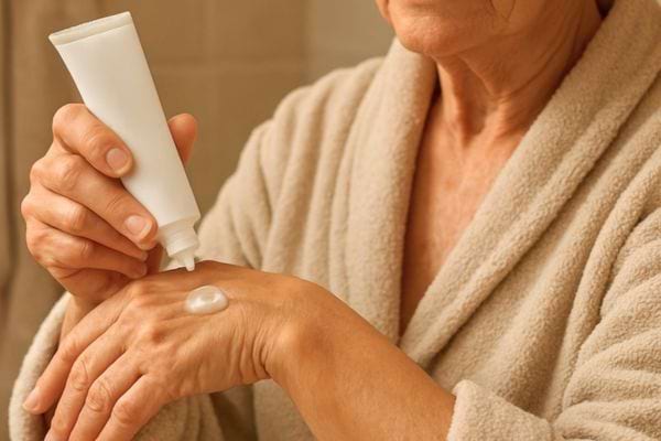 femme agee applique creme hydratante sur le dos de sa main apres la toilette