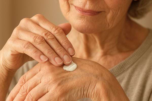 femme agee applique creme sur sa main pour nourrir et proteger la peau mature