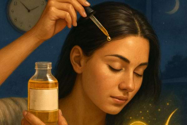 Femme appliquant de l huile sur son cuir chevelu a l aide d une pipette pour soin capillaire.