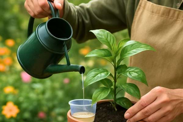 Une personne arrose une plante verte avec un liquide verse dans un petit recipient doseur.