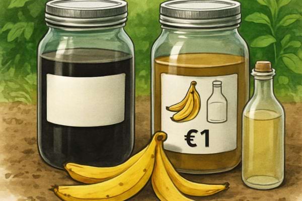 Deux bocaux en verre avec liquides, peaux de banane devant, illustration d une preparation maison naturelle.