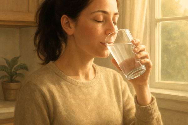 femme buvant un verre d eau pres d une fenetre pour s hydrater calmement en debut de journee
