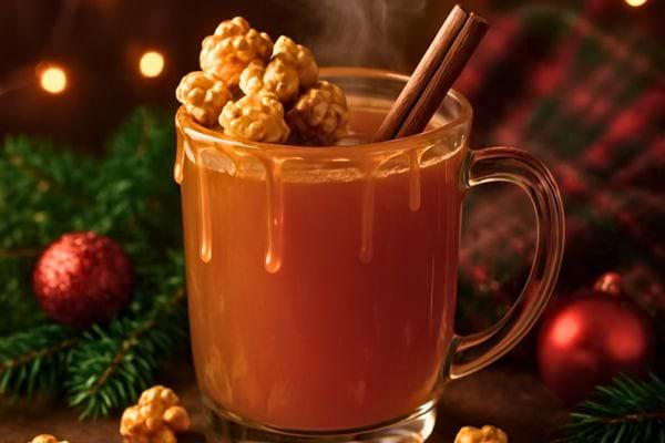Tasse en verre remplie de boisson chaude au caramel avec popcorn et baton de cannelle dans une ambiance hivernale chaleureuse.