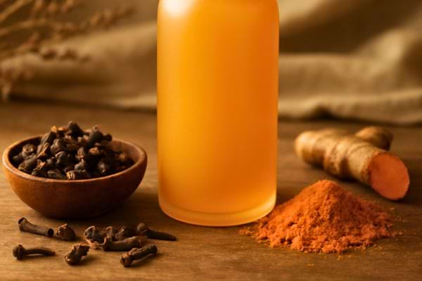 Bouteille de boisson orange avec curcuma gingembre et clous de girofle sur table rustique