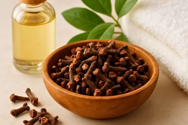 Bol en bois rempli de clous de girofle avec flacon d huile et serviette blanche en fond