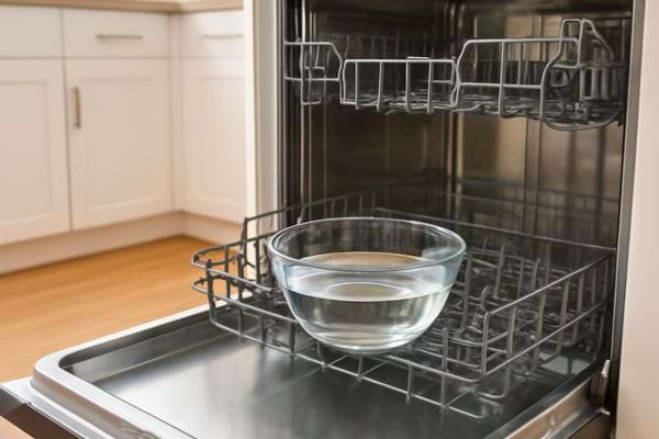 Un bol rempli d’eau est placé dans un lave-vaisselle ouvert pour un cycle de nettoyage.