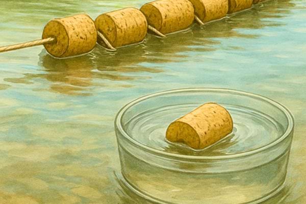 Un bouchon en liege flotte a la surface de l eau tandis que d autres sont enfiles sur une corde.