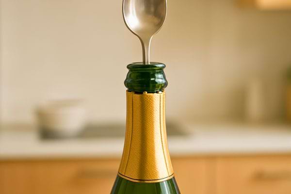Une cuillère en métal est placée dans le goulot d’une bouteille de champagne pour aider à conserver les bulles.