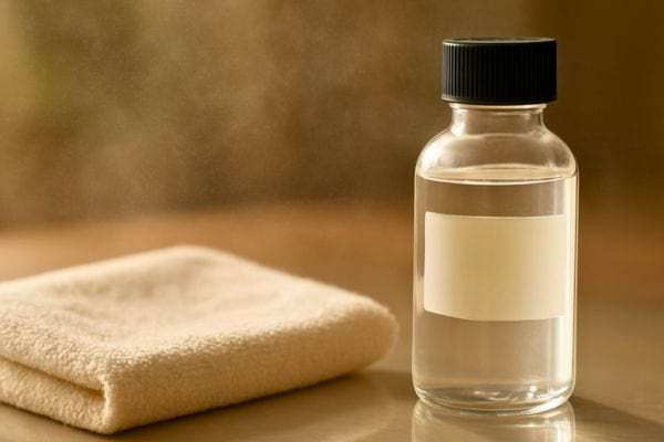 Petite bouteille de produit nettoyant posee a cote d’un chiffon doux.