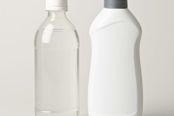 Deux bouteilles blanches alignées montrent des produits ménagers courants.