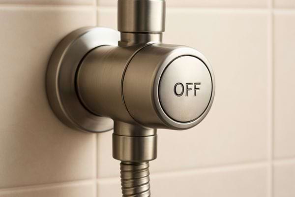 gros plan bouton de douche en position off fixee au mur carrelé indiquant arret de l eau