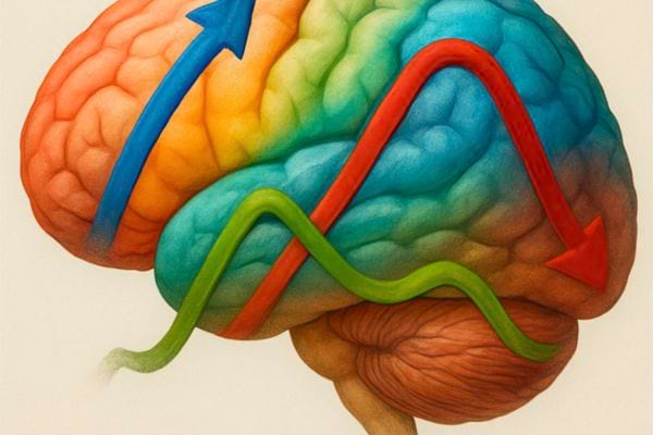 Illustration d un cerveau colore avec fleches montrant les flux cognitifs emotions et reactions mentales.