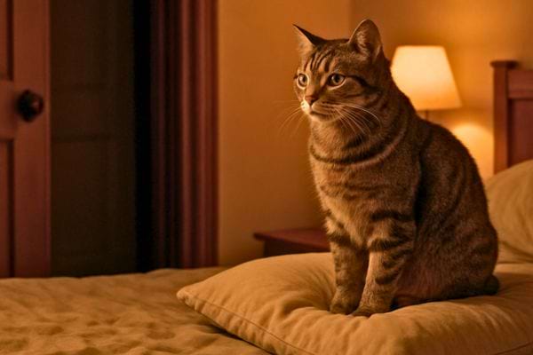 Un chat tigré est assis sur un lit dans une chambre faiblement eclairee comme en alerte nocturne