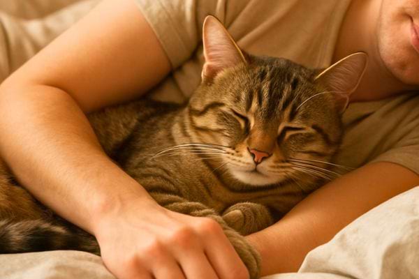 Un chat est blotti contre une personne endormie avec une posture detendue et affectueuse