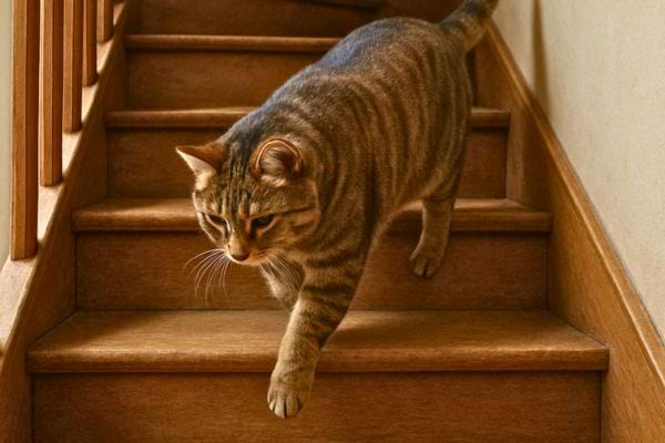Chat tigr&eacute; descendant prudemment un escalier en bois dans un interieur calme et domestique.