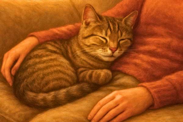 Un chat tigré dort confortablement contre le bras d une personne sur un canape ou un lit