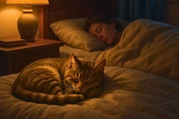 Un chat tigré dort paisiblement sur un lit pendant qu une personne dort en arriere plan dans une chambre chaleureuse
