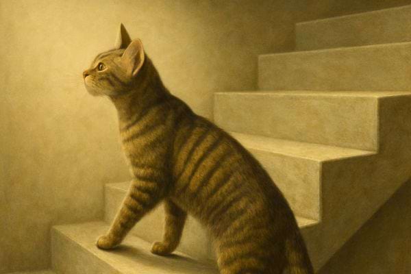 Chat tigr&eacute; observe le haut d un escalier interieur baigne dans une lumiere douce et chaleureuse.