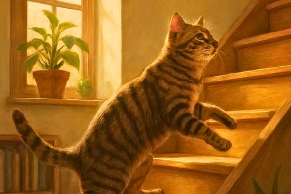 Chat tigr&eacute; montant un escalier eclaire par une lumiere naturelle venant d une fenetre.