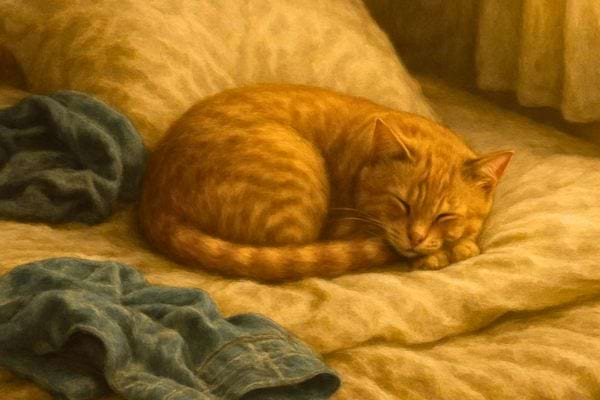 Un chat dort en boule sur un lit defait dans une chambre eclairee par une lumiere chaude