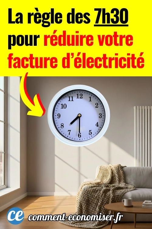Horloge murale qui affiche 7h30 dans un intérieur cosy avec un radiateur