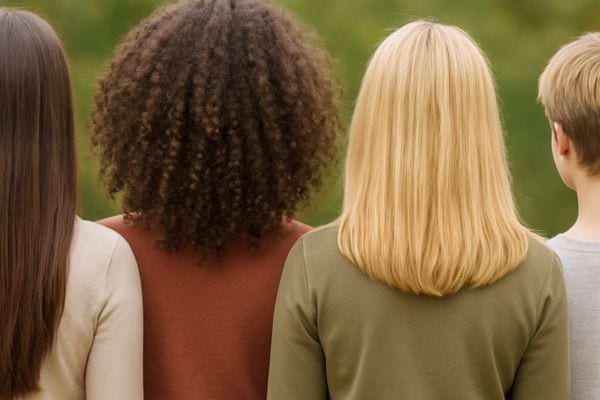 Quatre personnes vues de dos montrent des types de cheveux differents allant du lisse au frise.