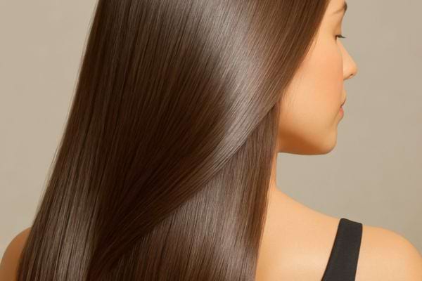 Cheveux longs lisses et brillants d une femme vus de profil sur fond neutre.