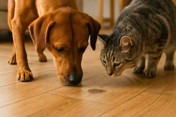 Un chien et un chat reniflent une tache suspecte sur le sol pour identifier son origine.