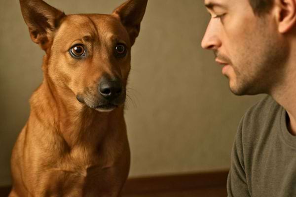 Un chien au regard inquiet regarde un homme qui semble lui parler doucement.