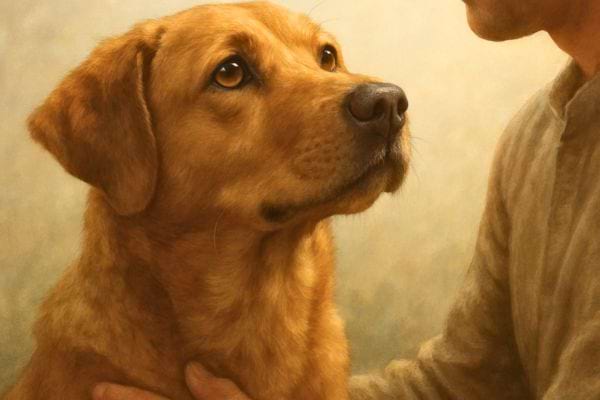 Un chien regarde son maître avec confiance pendant qu’il le caresse doucement.