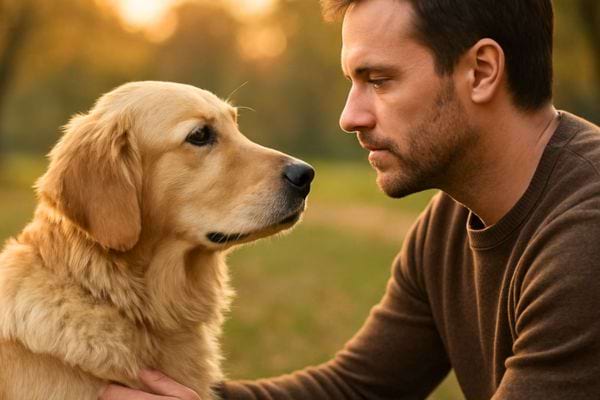 Un homme regarde son chien avec émotion dans un parc, créant un moment calme et profond.