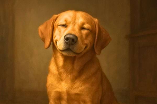 Un chien roussit sourit les yeux fermés, donnant une impression de bonheur simple et sincère.