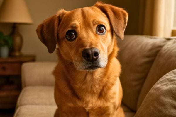 Un chien roux regarde avec de grands yeux expressifs, assis sur un canapé dans une pièce chaleureuse.