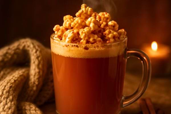 Mug de boisson chaude surmonte de popcorn avec mousse legere et lumiere tamisee en arriere plan.