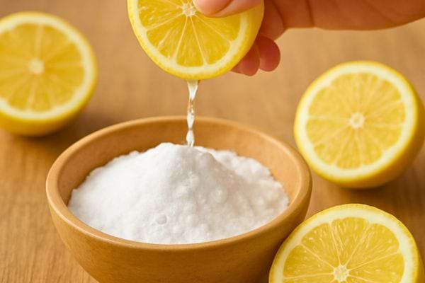 Jus de citron verse sur du bicarbonate dans un bol en bois avec des quartiers autour.