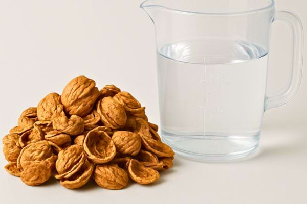 tas de coques de noix pose a cote dun verre doseur rempli deau claire