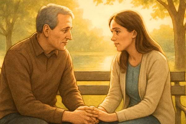 Un homme et une femme assis sur un banc se tiennent les mains et discutent calmement dans un parc lumineux.