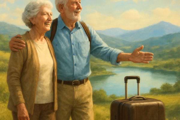 Couple de seniors souriants devant un paysage naturel, avec une valise, symbolisant un depart ou un nouveau voyage.