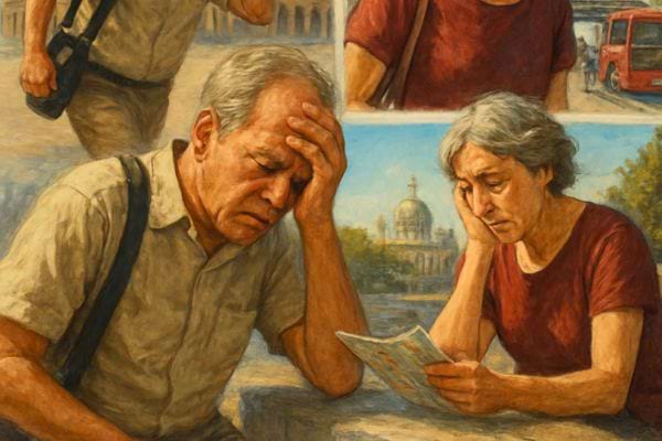 Couple age inquiet consultant une carte en ville, exprimant la fatigue, le stress ou une difficulte de deplacement.