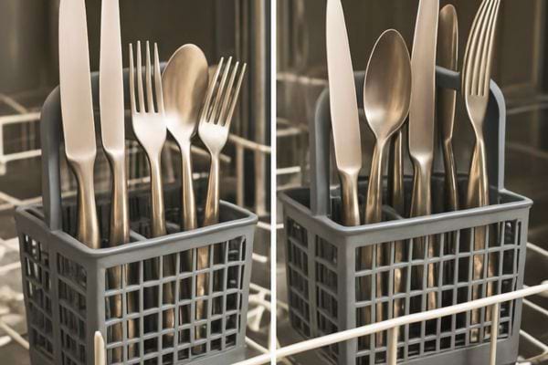 Des couverts métalliques sont rangés dans un panier de lave-vaisselle, prêts à être nettoyés efficacement.