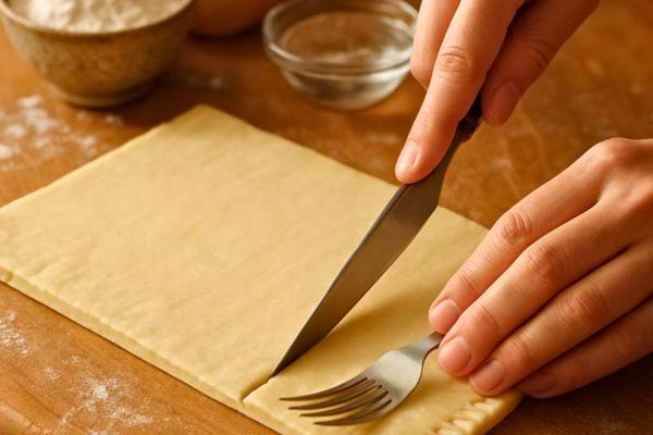 Main découpant soigneusement une pâte rectangulaire pour préparer des feuilletés.