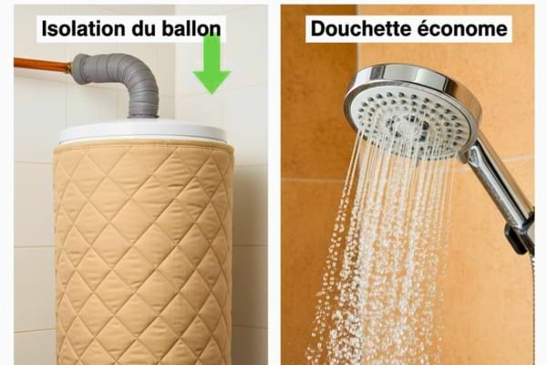 un chauffe eau isolé et une douchette de douche pour faire des économies d'eau chaude