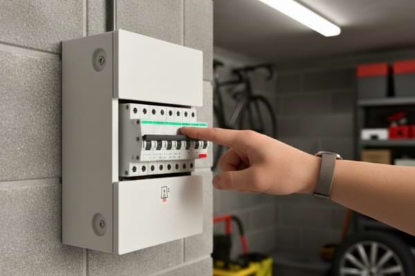 Une personne qui baisse l'interrupteur du chauffe eau sur un dijoncteur